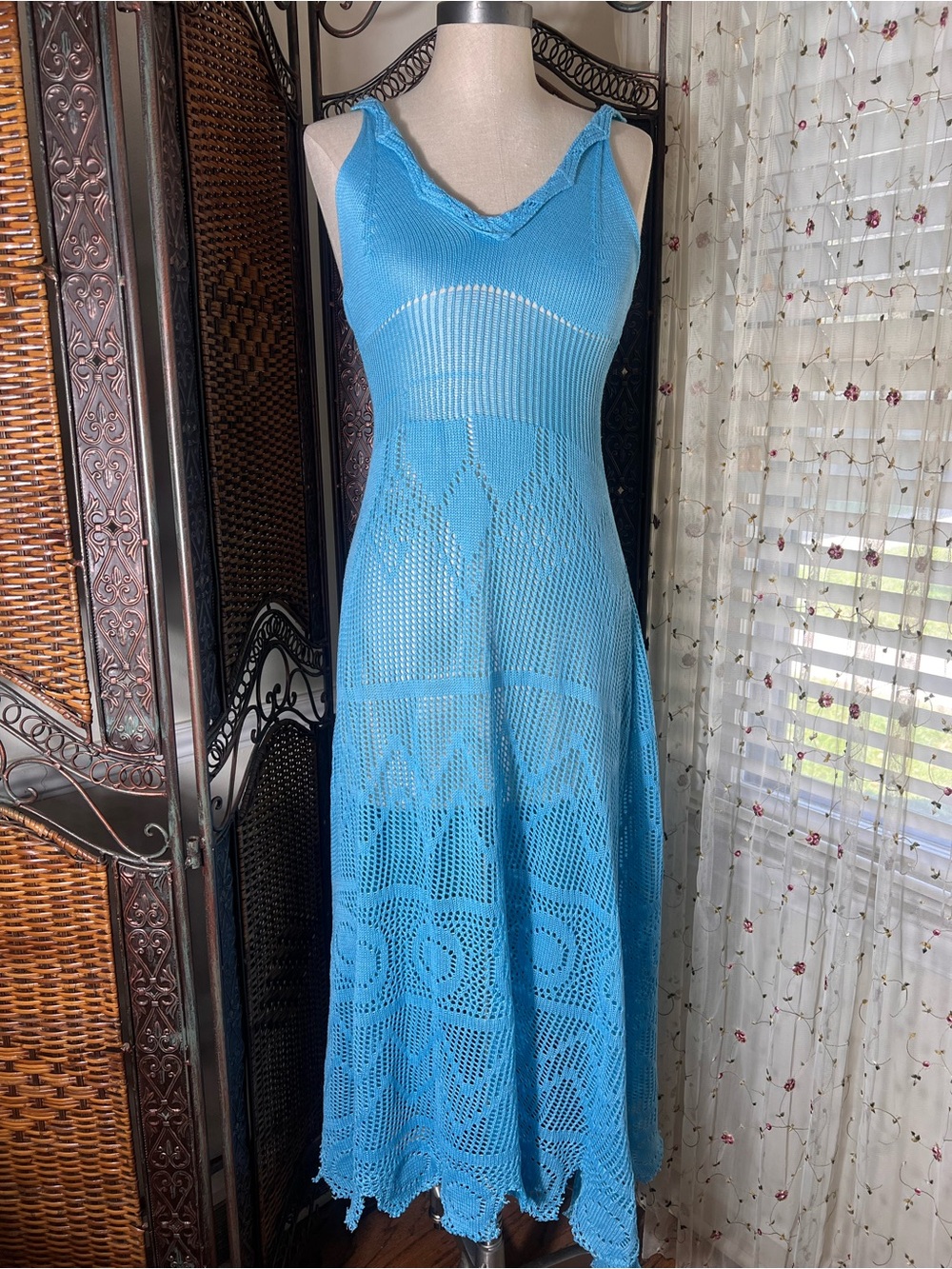 Sky Blue Crochet Maxi Swim Coverup Dress